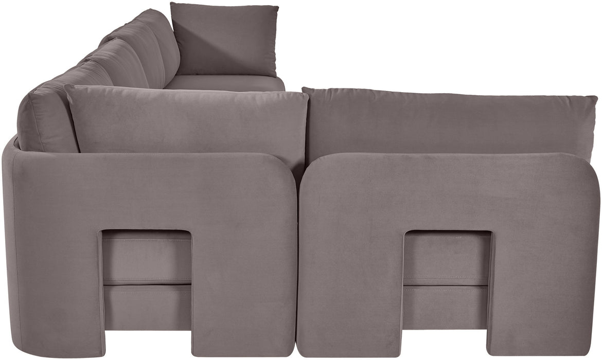 Meridian Furniture Hammond velvet upholstered 5-piece L-shaped sectional sofa with plush cushions and modern design.