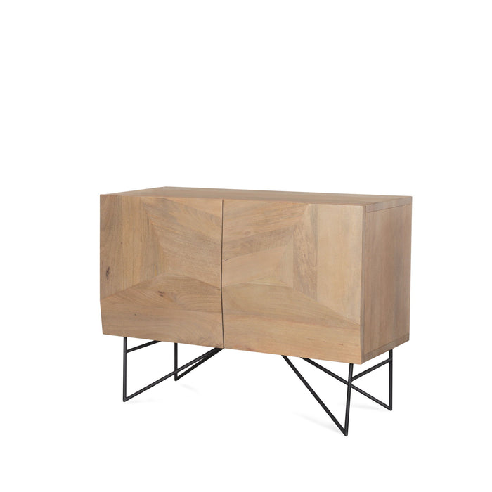 Natural wood and metal accent cabinet with carved geometric design and two doors, by HomeRoots, 44-inch size.
