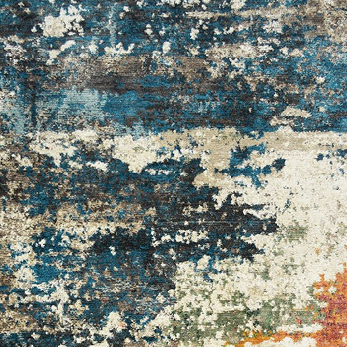 8' x 10' Abstract Distressed Area Rug With Fringe - Beige Blue And Ivory