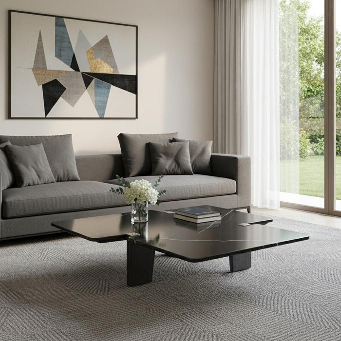 Genuine Marble Solid Wood Free Form Coffee Table - Black