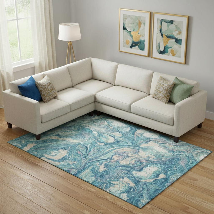 10' X 14' Abstract Washable Area Rug With UV Protection (714733) - Teal / Ivory