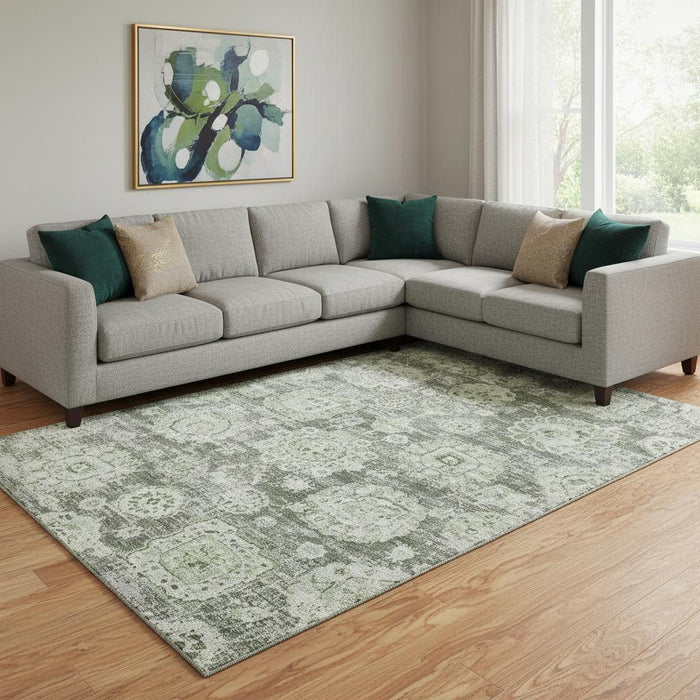 8' X 10' Floral Washable Area Rug With UV Protection (653174) - Artichoke Green / Ivory / Gray