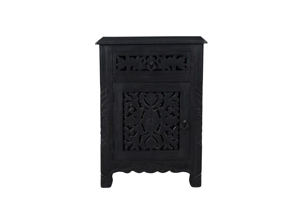 One Drawer Floral Carved Solid Wood Nightstand - Distressed Black