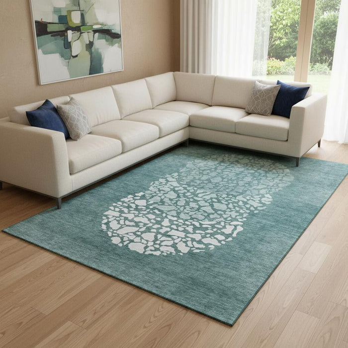10' X 14' Abstract Washable Area Rug With UV Protection (653602) - Teal / Ivory