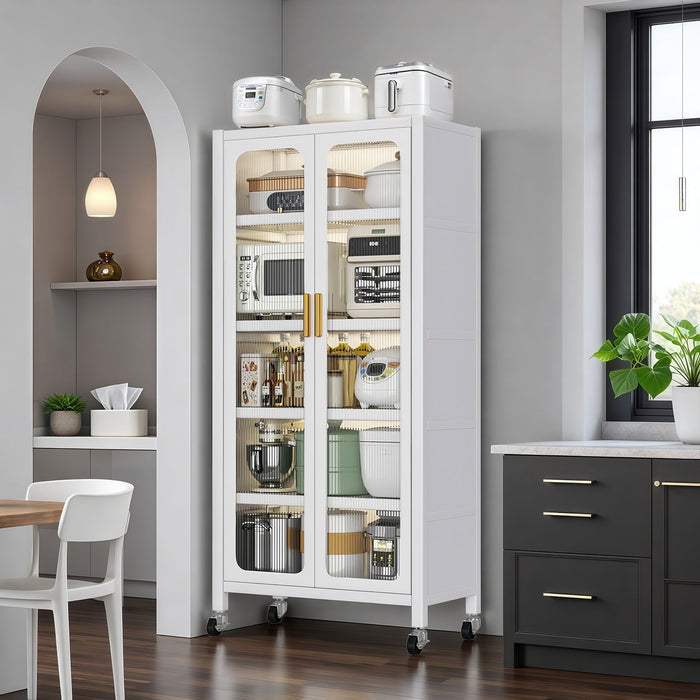 Giga 6-tier storage cabinet with transparent door, adjustable shelves, and wheels for versatile display and organization.