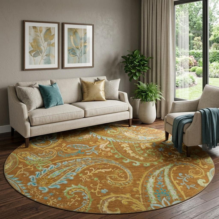 8' Paisley Washable Round Rug With UV Protection (647989) - Rust / Blue / Green