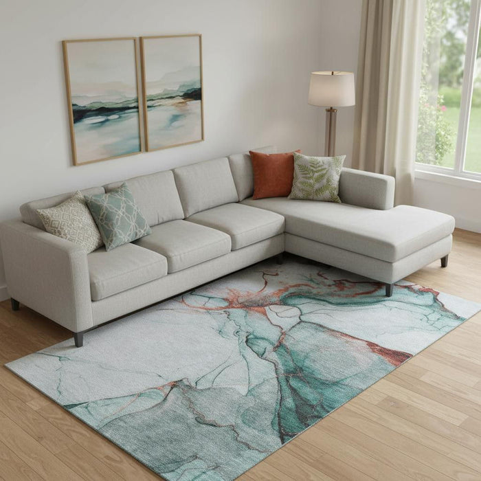 10' X 14' Abstract Washable Area Rug With UV Protection (697326) - Teal / Terra Cotta / Ivory