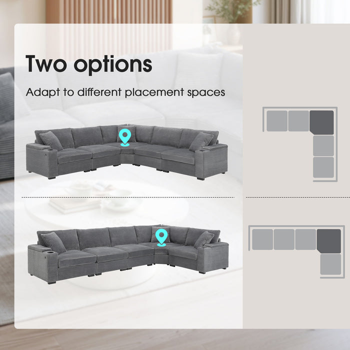 Giga convertible L-shaped sectional sofa with armrest storage, cup holders, USB charger, oversized modular design, in a cozy living room setting.