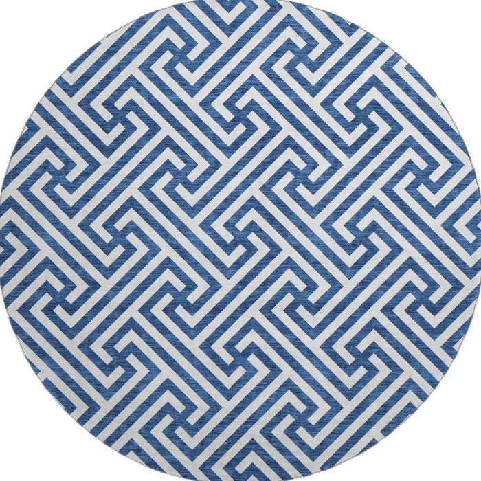 8' Transitional Geometric Washable Round Rug With UV Protection - Blue