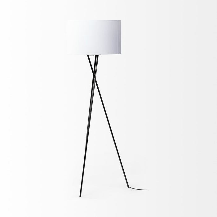 Tripod Floor Lamp With White Fabric Drum Shade - Black