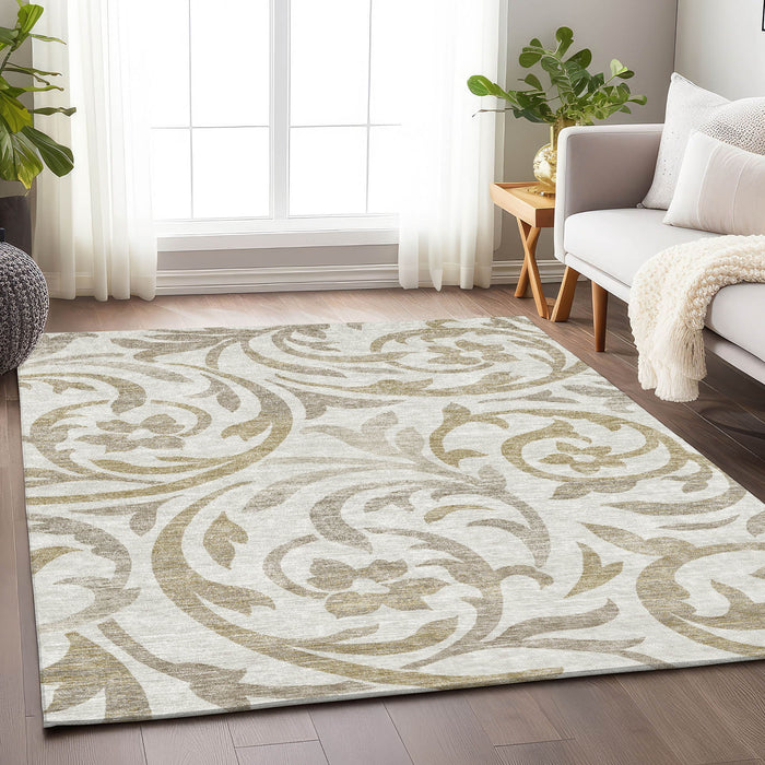 10' X 14' Floral Washable Area Rug With UV Protection - Ivory And Taupe