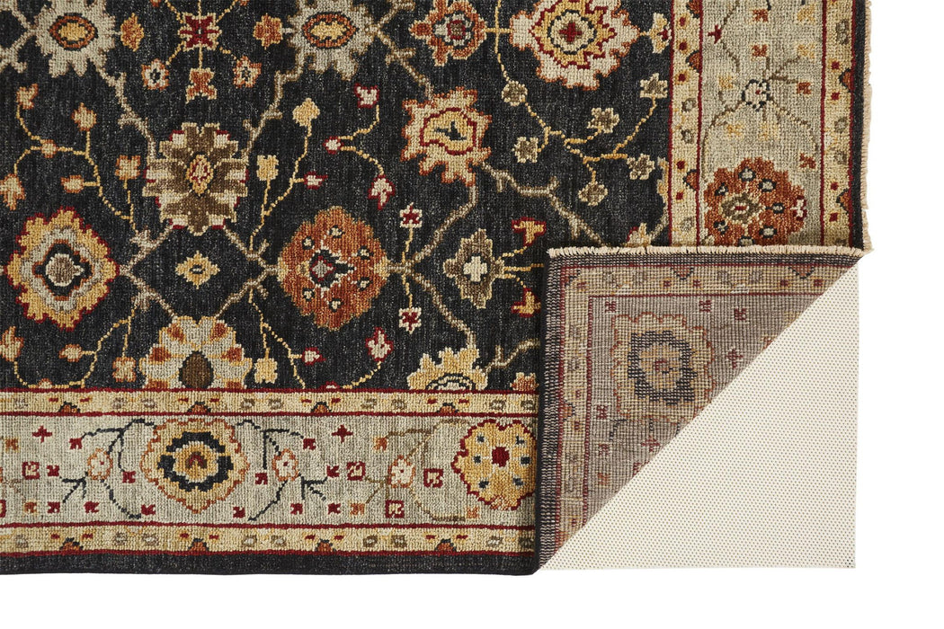 5' x 8' Wool Floral Hand Knotted Stain Resistant Area Rug With Fringe - Black Gold And Gray