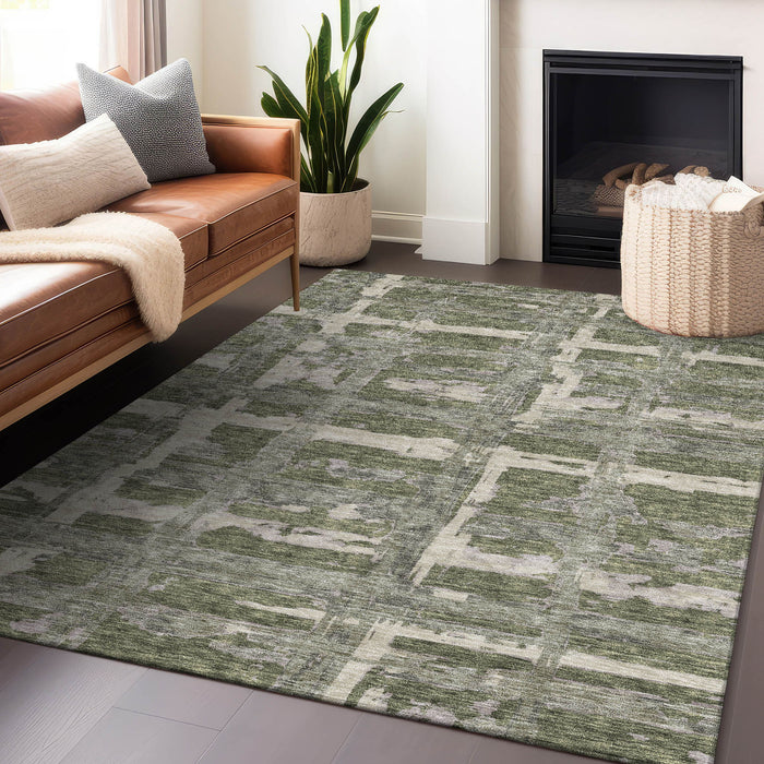 9' X 12' Striped Washable Area Rug With UV Protection - Olive Green And Beige