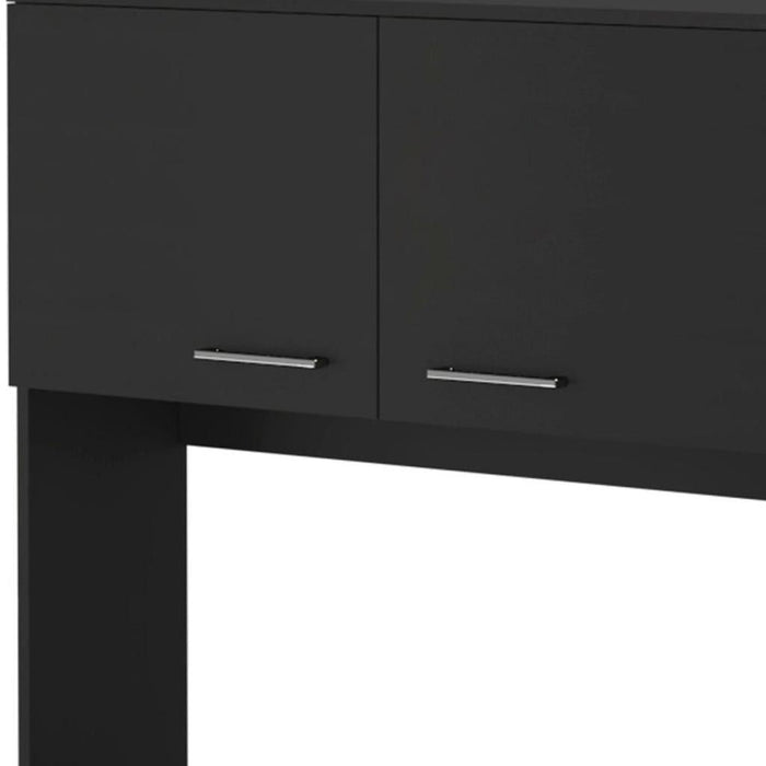 Black wall-mounted accent cabinet with seven open shelves and six drawers, made by HomeRoots for storage and organization.