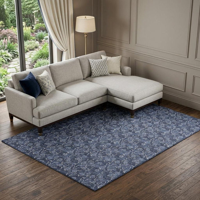 10' X 14' Floral Washable Area Rug With UV Protection (656454) - Navy Blue / Ivory