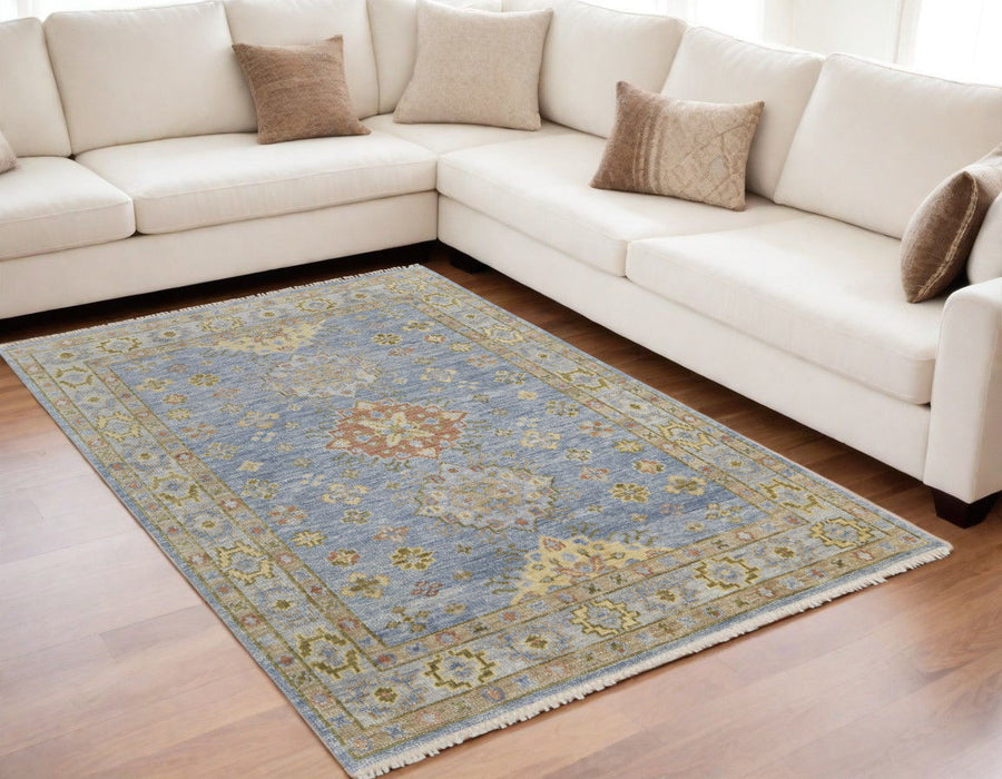 5' x 8' Wool Geometric Hand Knotted Area Rug With Fringe - Green Blue And Yellow
