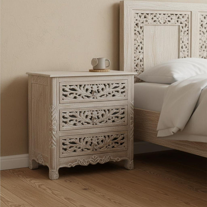 Three Drawer Floral Carved Solid Wood Nightstand - Distressed Gray