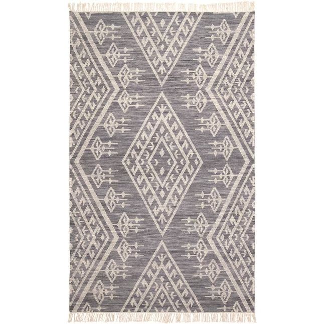 9' x 12' Wool Geometric Dhurrie Flatweave Handmade Area Rug With Fringe - Gray Ivory And Blue