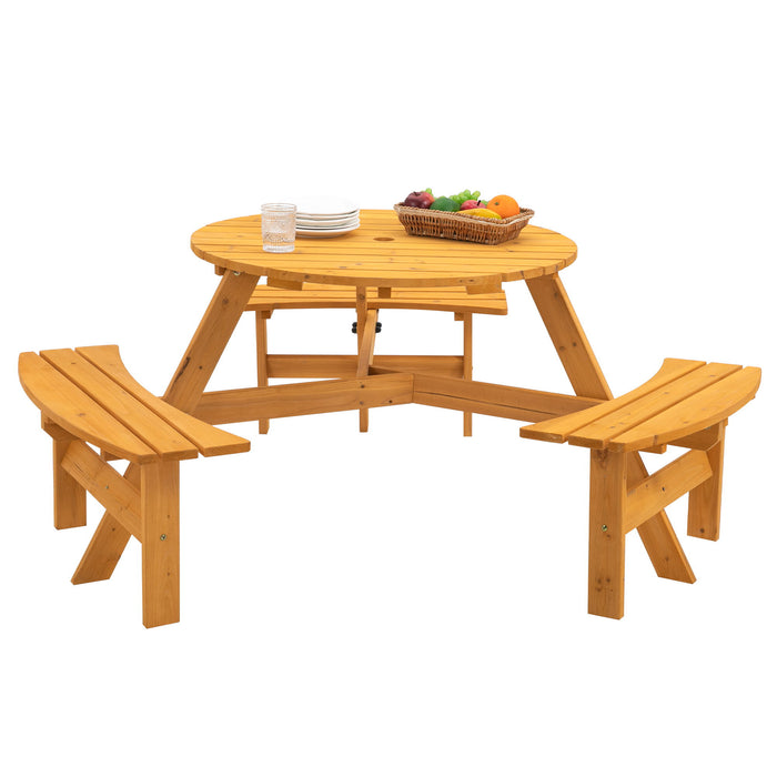 Giga 6-person circular outdoor wooden picnic table with three built-in benches, suitable for patio, garden, and backyard use.