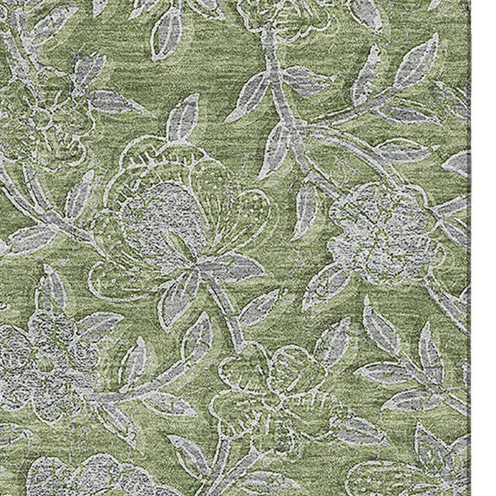 9' X 12' Floral Washable Area Rug With UV Protection - Olive Green And Gray
