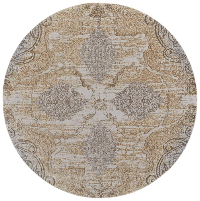 8' Round Medallion Power Loom Distressed Area Rug - Gray And Brown