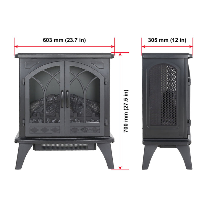 Giga 24-inch 3D flame electric infrared quartz fireplace stove in antique black with remote control, showcasing realistic flame effects.