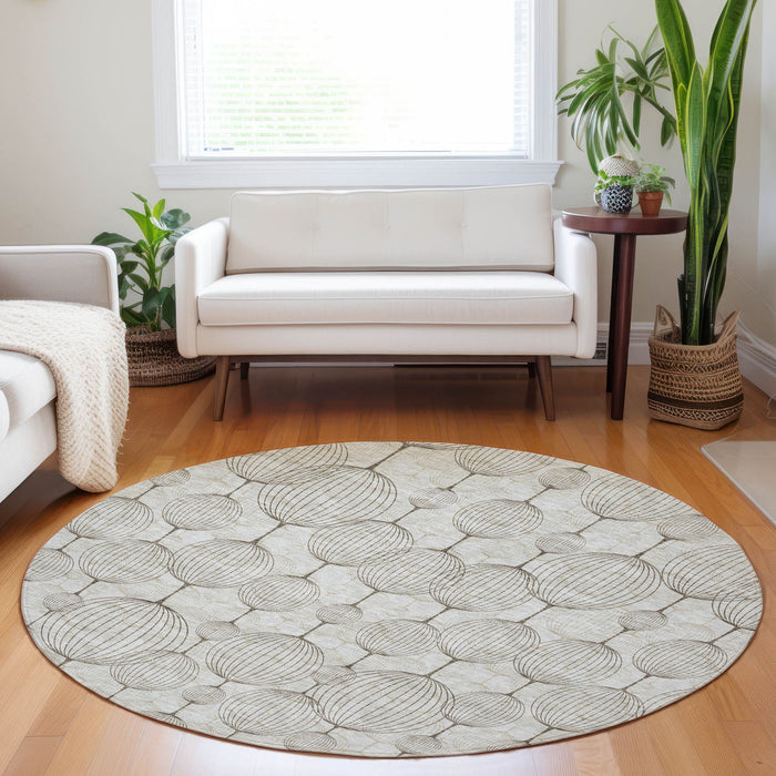 8' Geometric Washable Round Rug With UV Protection - Beige And Brown
