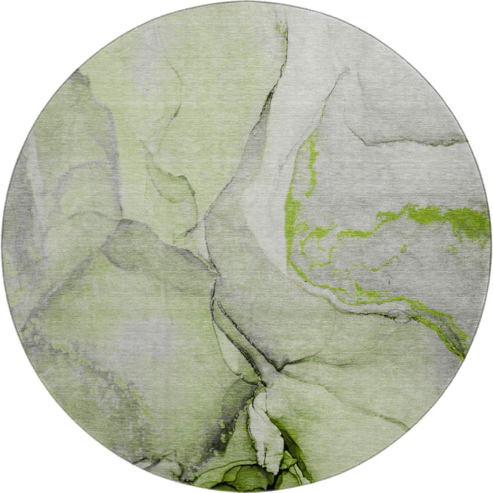8' Abstract Washable Round Rug With UV Protection (646825) - Green / Gray / Ivory