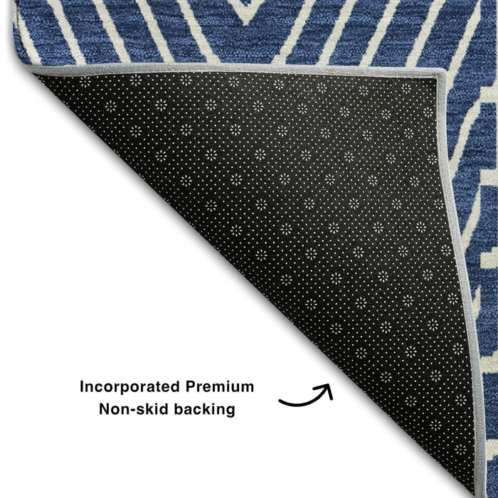 10' X 14' Geometric Washable Area Rug With UV Protection (678089) - Navy Blue / Ivory