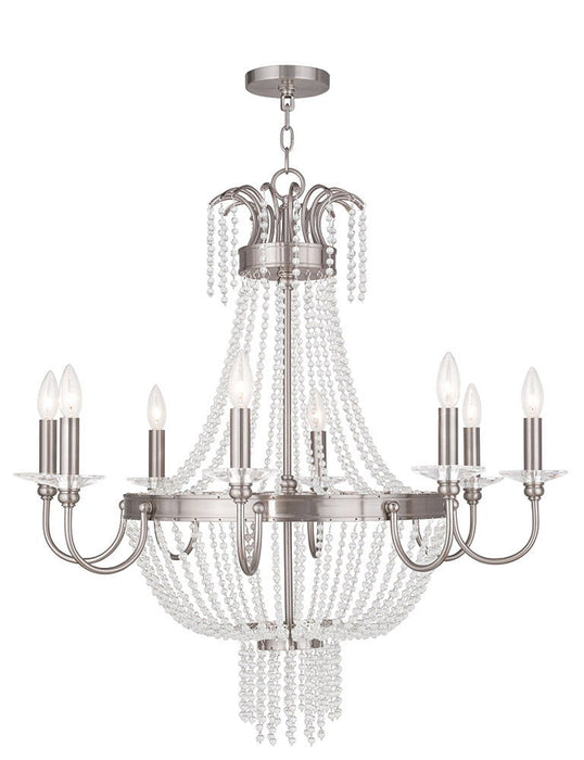 HomeRoots 33-inch metal chandelier with eight clear shades, dimmable lighting, nickel finish, and modern design.