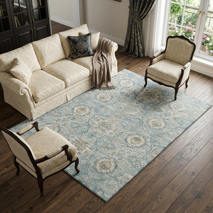 10' X 14' Floral Medallion Distressed Washable Area Rug With UV Protection (644586) - Persian Blue / Coffee / Ivory