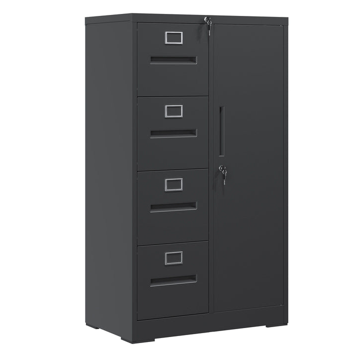 Giga metal vertical filing cabinet with four drawers and lock, steel construction for school or office storage.