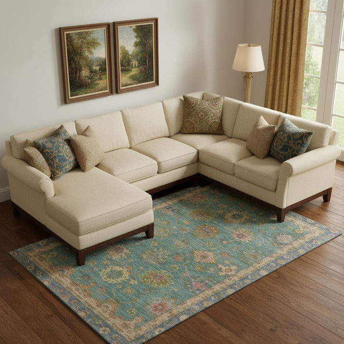 10' X 14' Oriental Washable Area Rug With UV Protection (716425) - Teal / Blush
