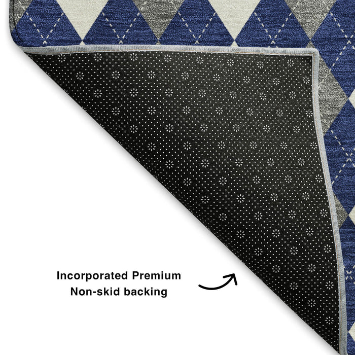 10' X 14' Geometric Washable Area Rug With UV Protection (701695) - Navy Blue / White / Gray