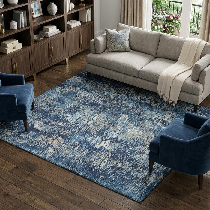 10' X 14' Striped Washable Area Rug With UV Protection (693324) - Navy Blue / Ivory / Gray