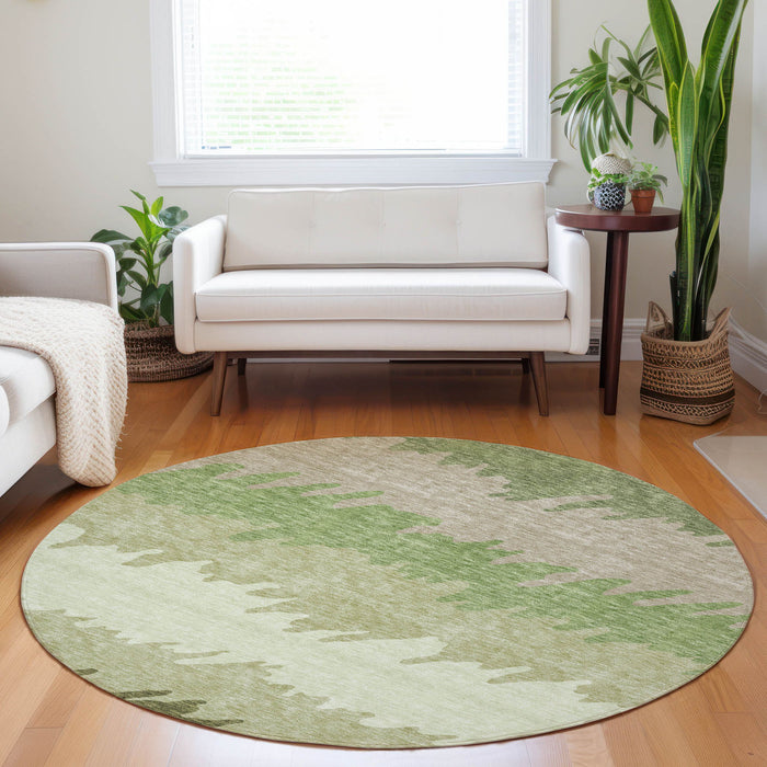 8' Striped Washable Round Rug With UV Protection - Green And Beige