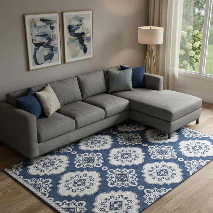 10' X 14' Medallion Washable Area Rug With UV Protection (669883) - Navy Blue / Ivory