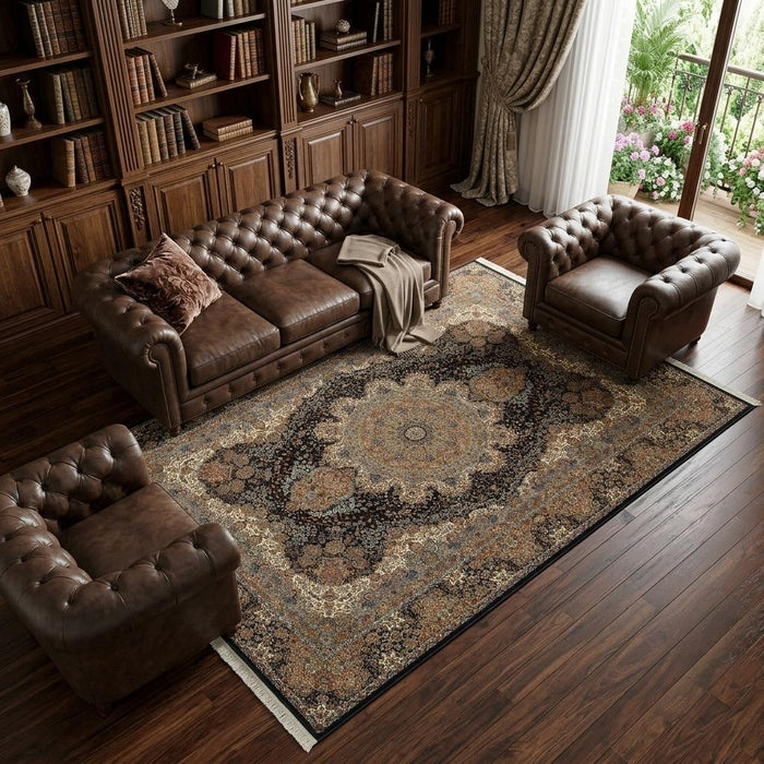 8' X 11' Medallion Area Rug With Fringe (574467) - Dark Blue / Black / Teal