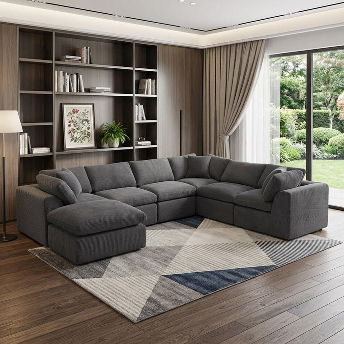 Corduroy Modular Sofa Chaise With Ottoman Toss Pillows (725208) - Dark Gray