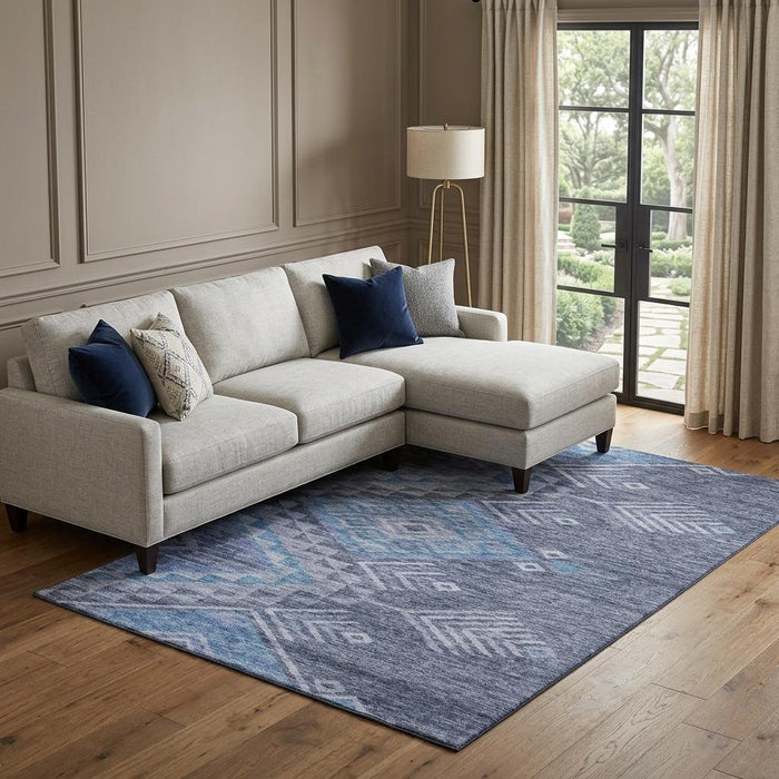 10' X 14' Geometric Washable Area Rug With UV Protection (684112) - Navy Blue / Silver