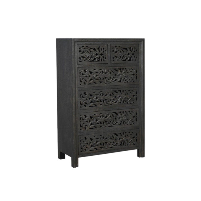 35" Carved Floral Solid Wood Six Drawer Dresser - Black