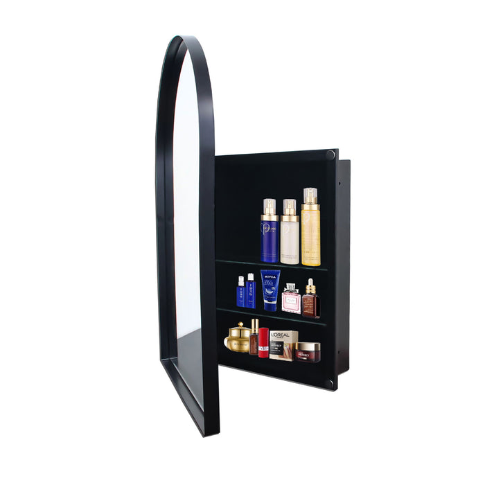 Giga arched recessed metal framed medicine cabinet with mirror and adjustable shelves for bathroom wall storage.