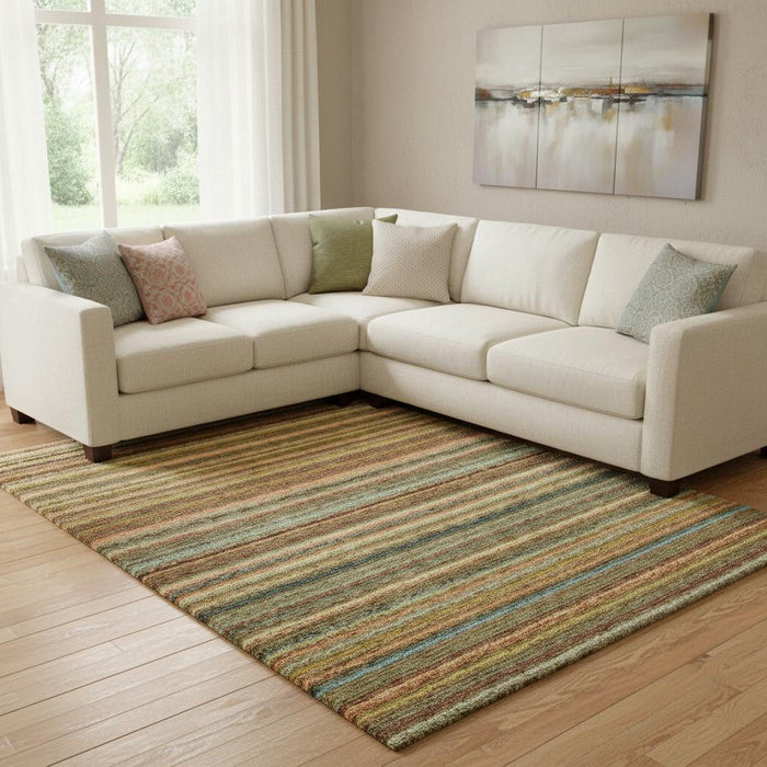 9' X 12' Striped Washable Area Rug With UV Protection (650787) - Coral / Green / Blue