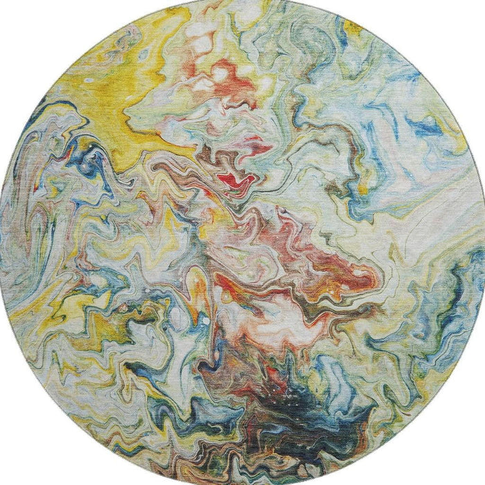 8' Abstract Washable Round Rug With UV Protection (650959) - Ivory / Yellow / Blue