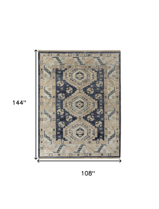 9' x 12' Wool Geometric Hand Knotted Area Rug With Fringe - Blue And Ivory