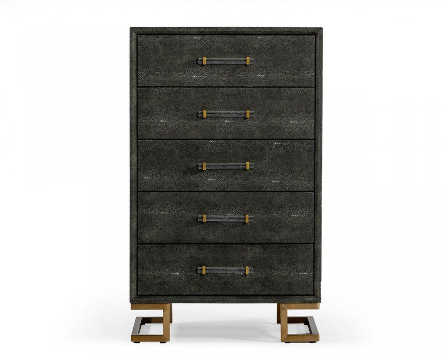 Gray manufactured wood accent chest with five drawers, stainless steel handles, from HomeRoots, showcasing modern storage furniture.