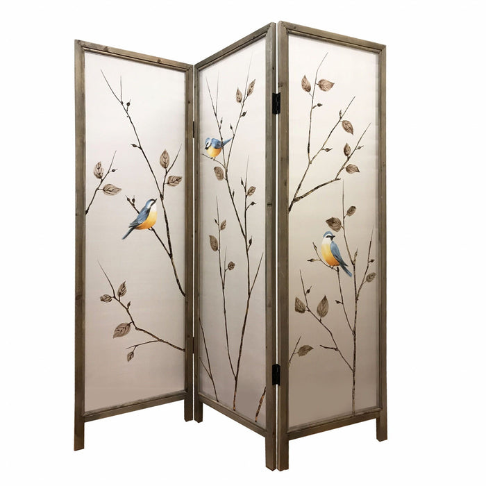 Fabric And Wood Folding Three Panel Screen Room Divider - Brown