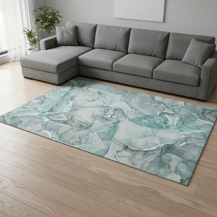 10' X 14' Abstract Washable Area Rug With UV Protection (647284) - Teal / Ivory
