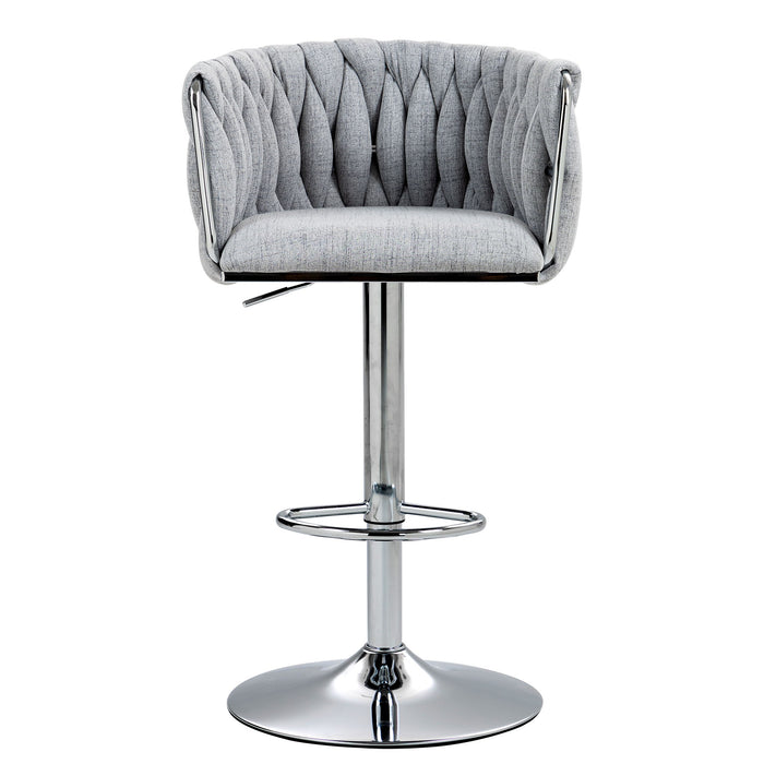 Set of two Giga gray swivel bar stools with woven backrests, footrests, adjustable height, and chrome finish for kitchen islands.