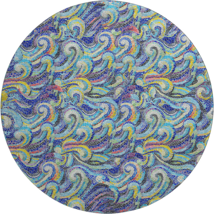 8' Geometric Washable Round Rug With UV Protection - Pacific Blue